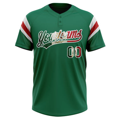 Custom Kelly Green Vintage Mexican Flag White-Red Raglan Sleeves Stripes Two-Button Unisex Softball Jersey