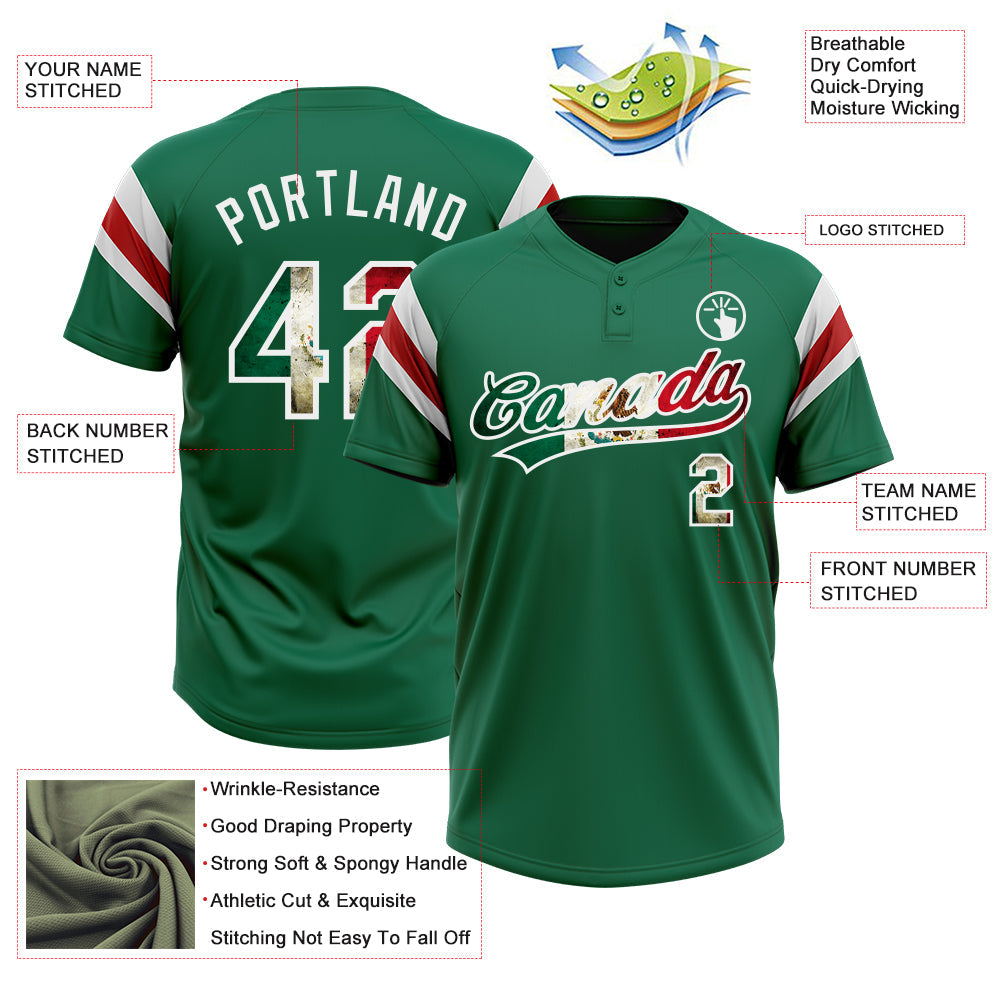 Custom Kelly Green Vintage Mexican Flag White-Red Raglan Sleeves Stripes Two-Button Unisex Softball Jersey