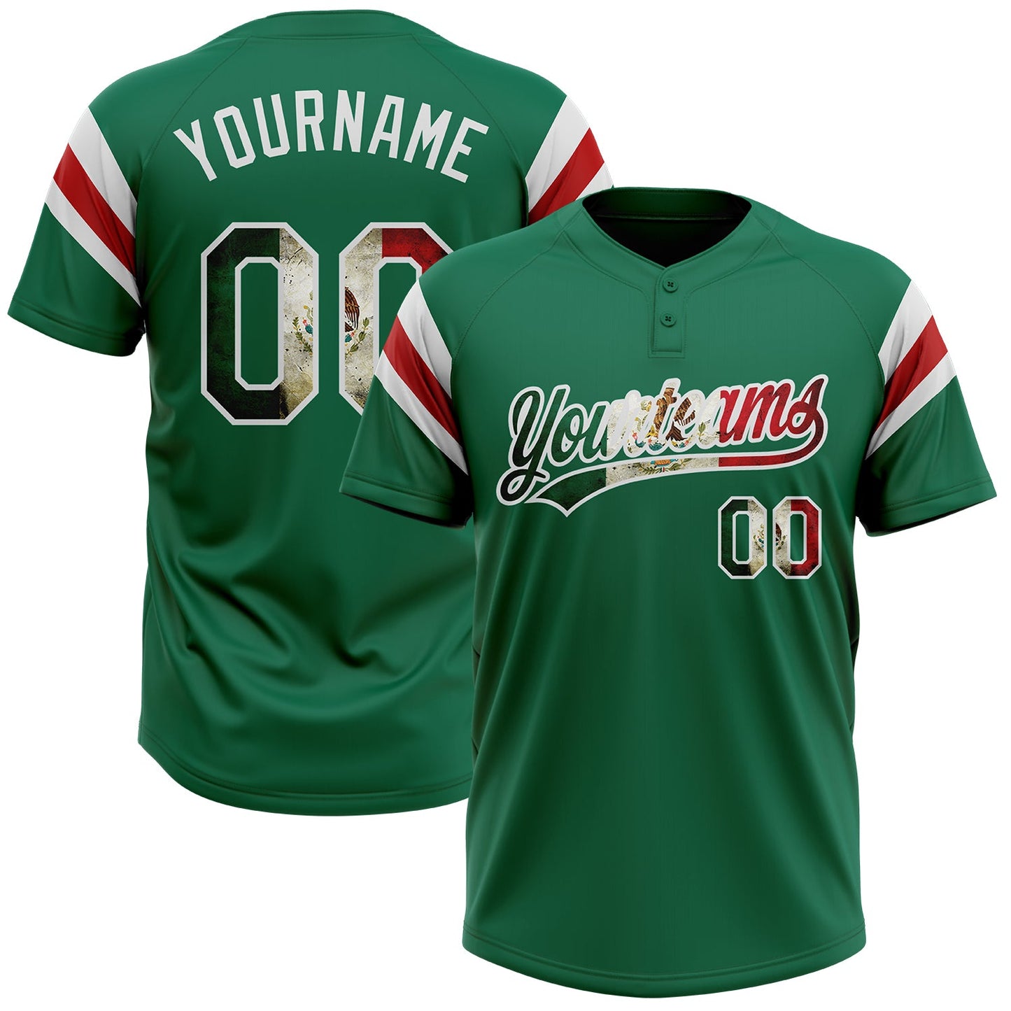 Custom Kelly Green Vintage Mexican Flag White-Red Raglan Sleeves Stripes Two-Button Unisex Softball Jersey