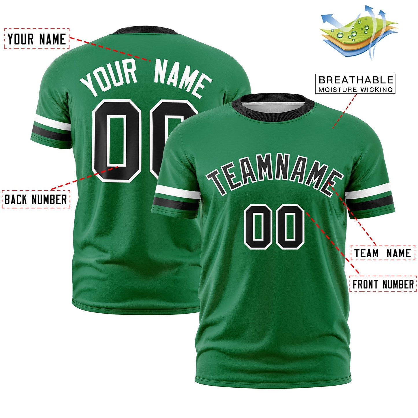 Custom Kelly Green Black T-shirt Classic Style Stripe Fashion Sports Shirt for Youth & Adults
