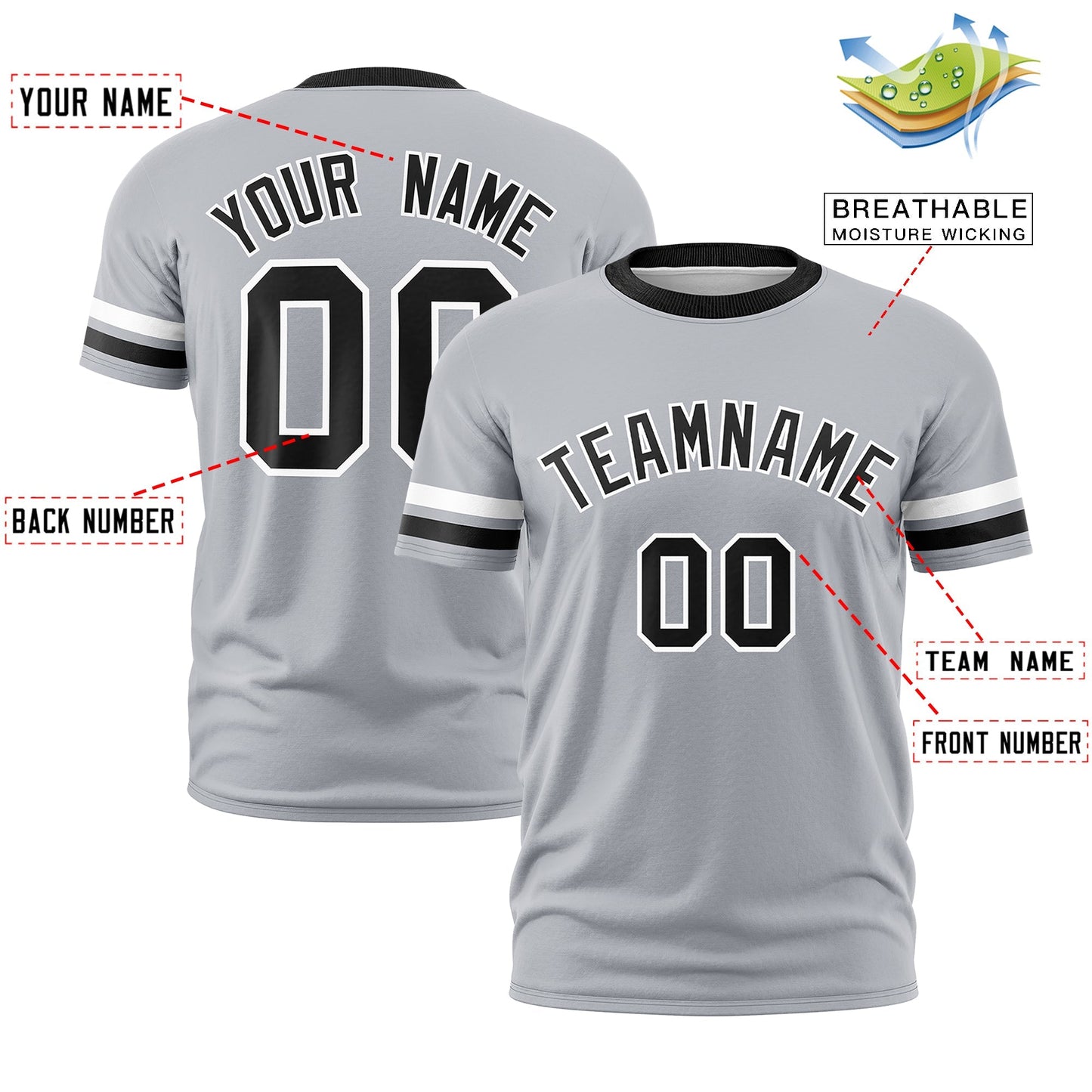 Custom Gray Black T-shirt Classic Style Stripe Fashion Sports Shirt for Youth & Adults