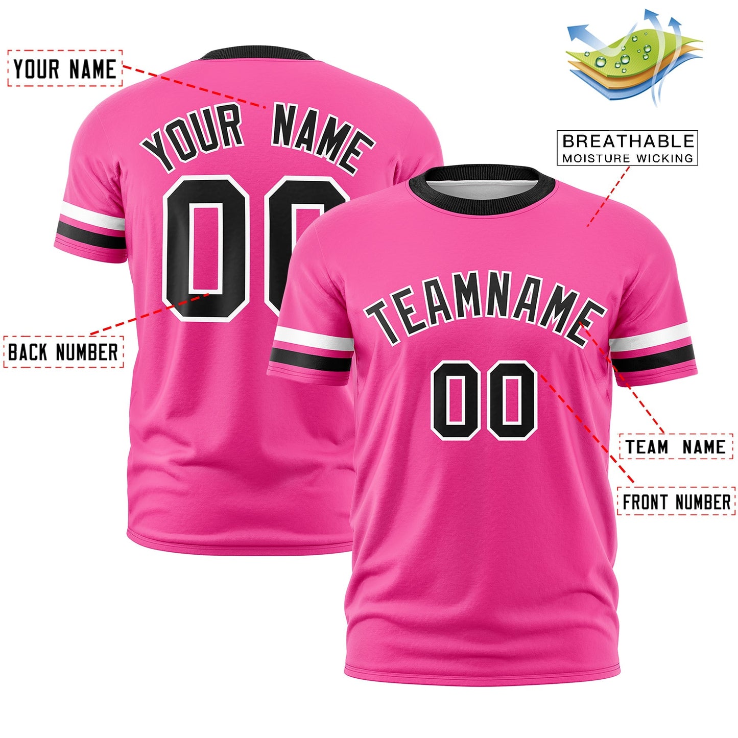 Custom Pink Black T-shirt Classic Style Stripe Fashion Sports Shirt for Youth & Adults