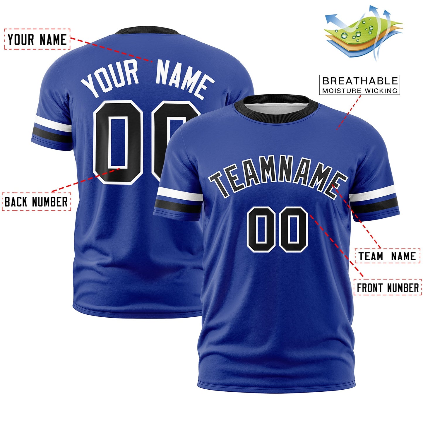 Custom Royal Blue Black T-shirt Classic Style Stripe Fashion Sports Shirt for Youth & Adults