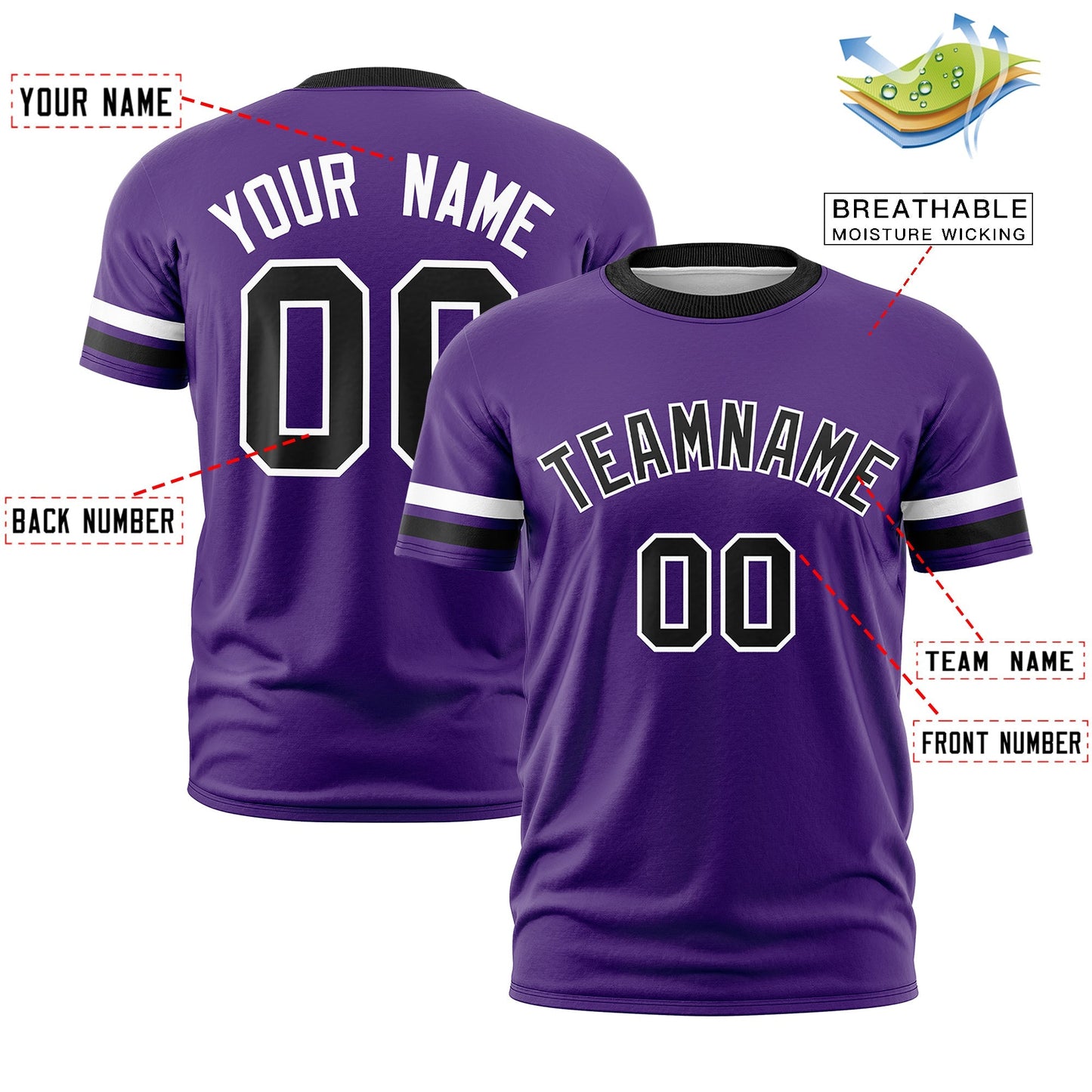 Custom Purple Black T-shirt Classic Style Stripe Fashion Sports Shirt for Youth & Adults