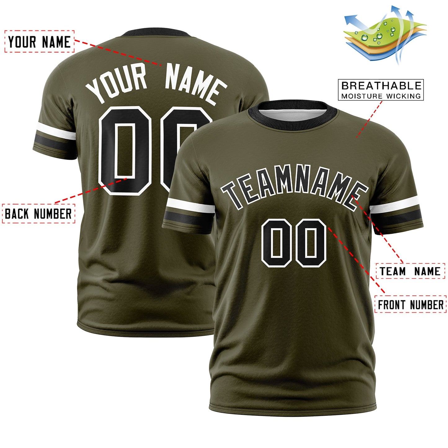 Custom Olive Black T-shirt Classic Style Stripe Fashion Sports Shirt for Youth & Adults
