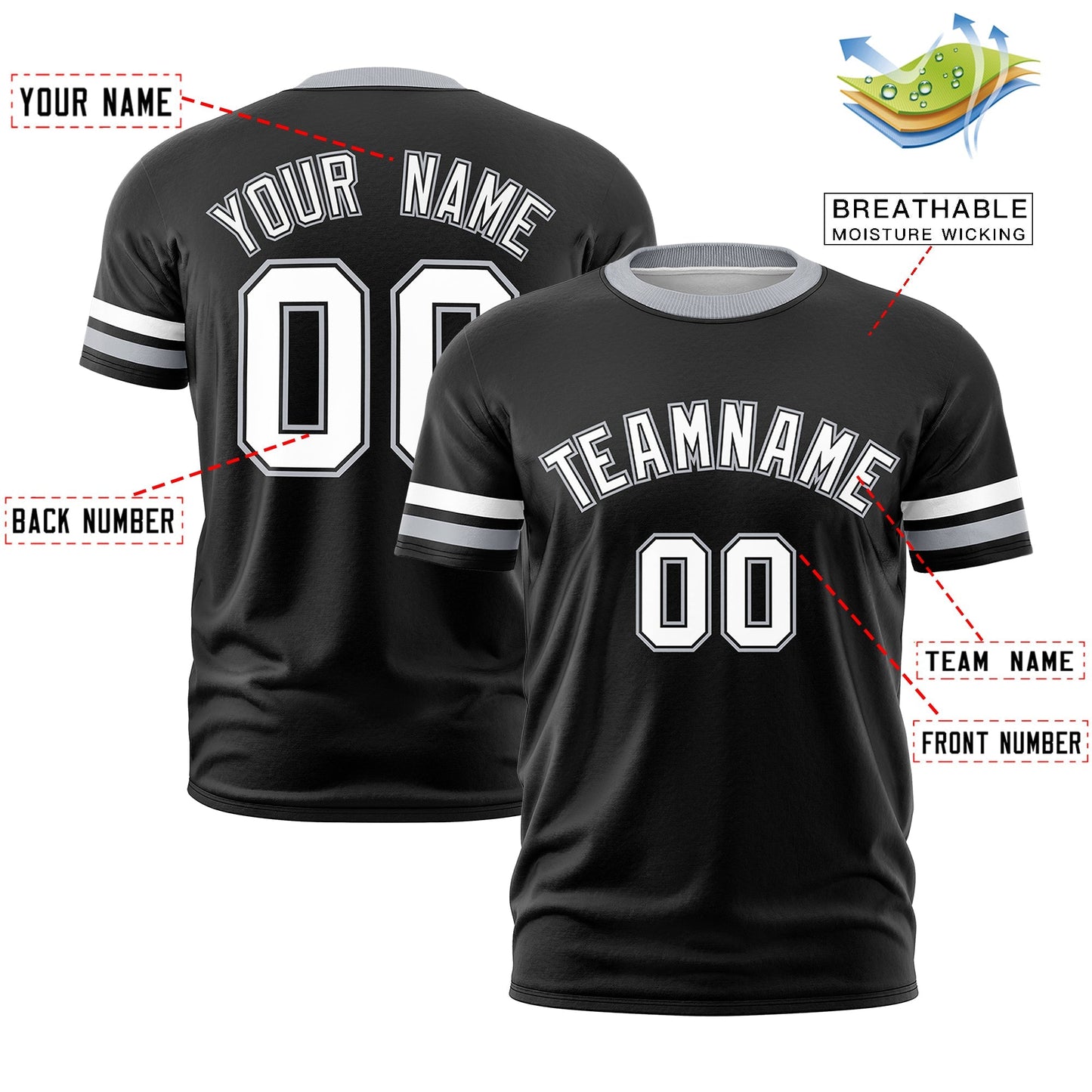 Custom Black Gray T-shirt Classic Style Stripe Fashion Sports Shirt for Youth & Adults