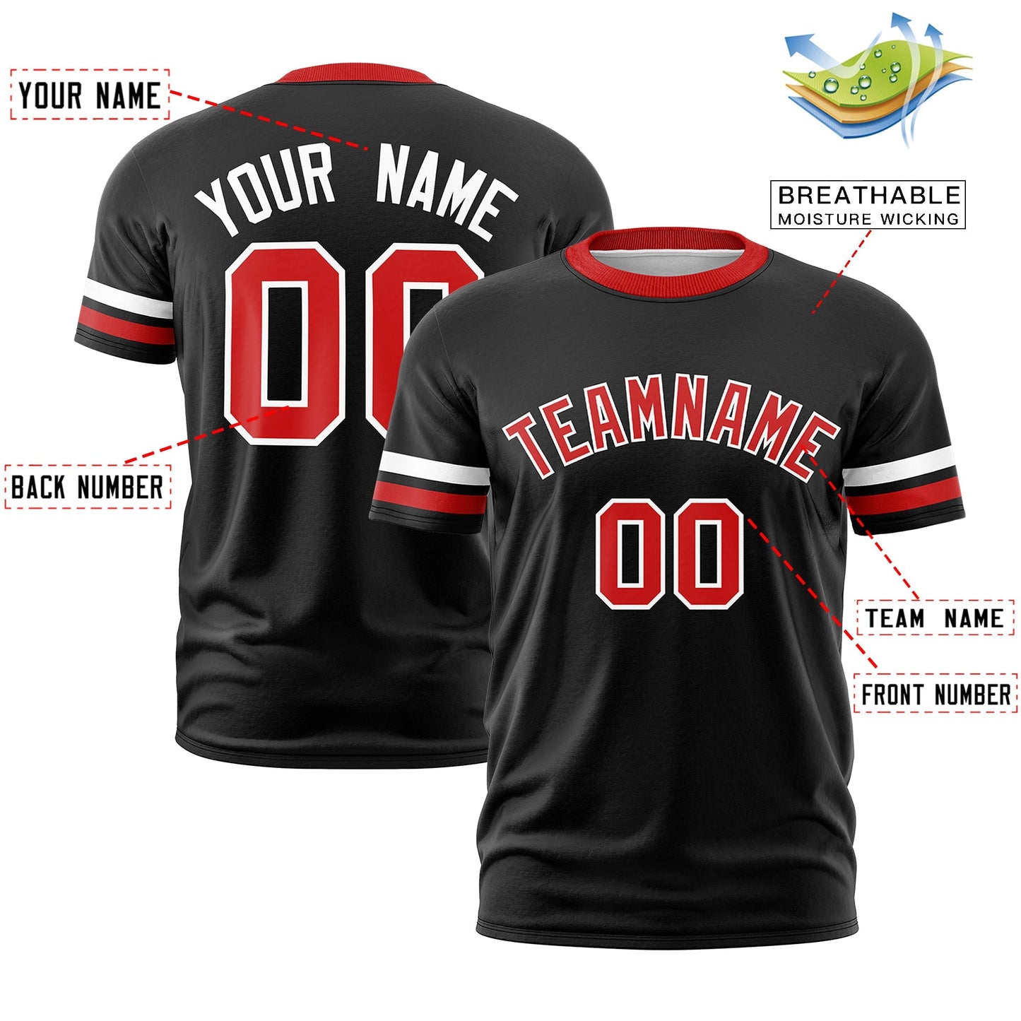 Custom Black Red T-shirt Classic Style Stripe Fashion Sports Shirt for Youth & Adults