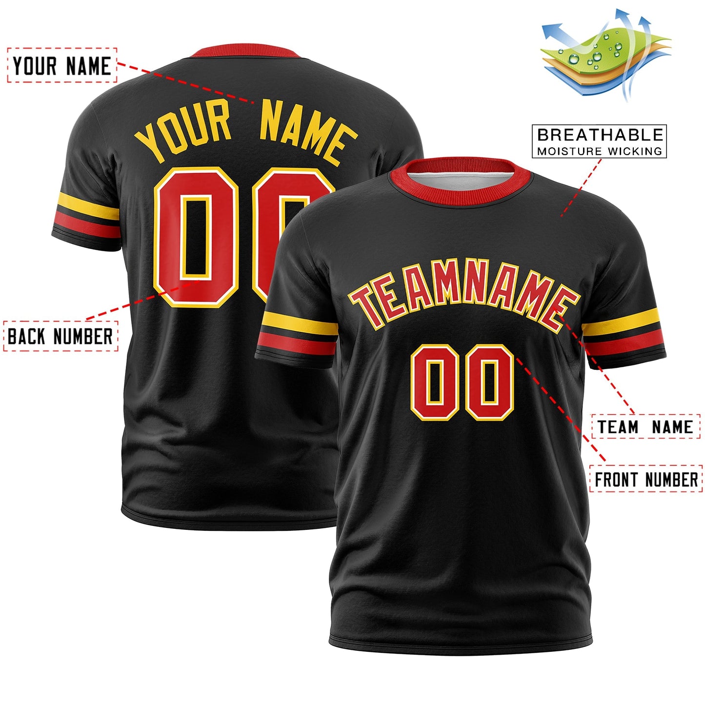Custom Black Red T-shirt Classic Style Stripe Fashion Sports Shirt for Youth & Adults