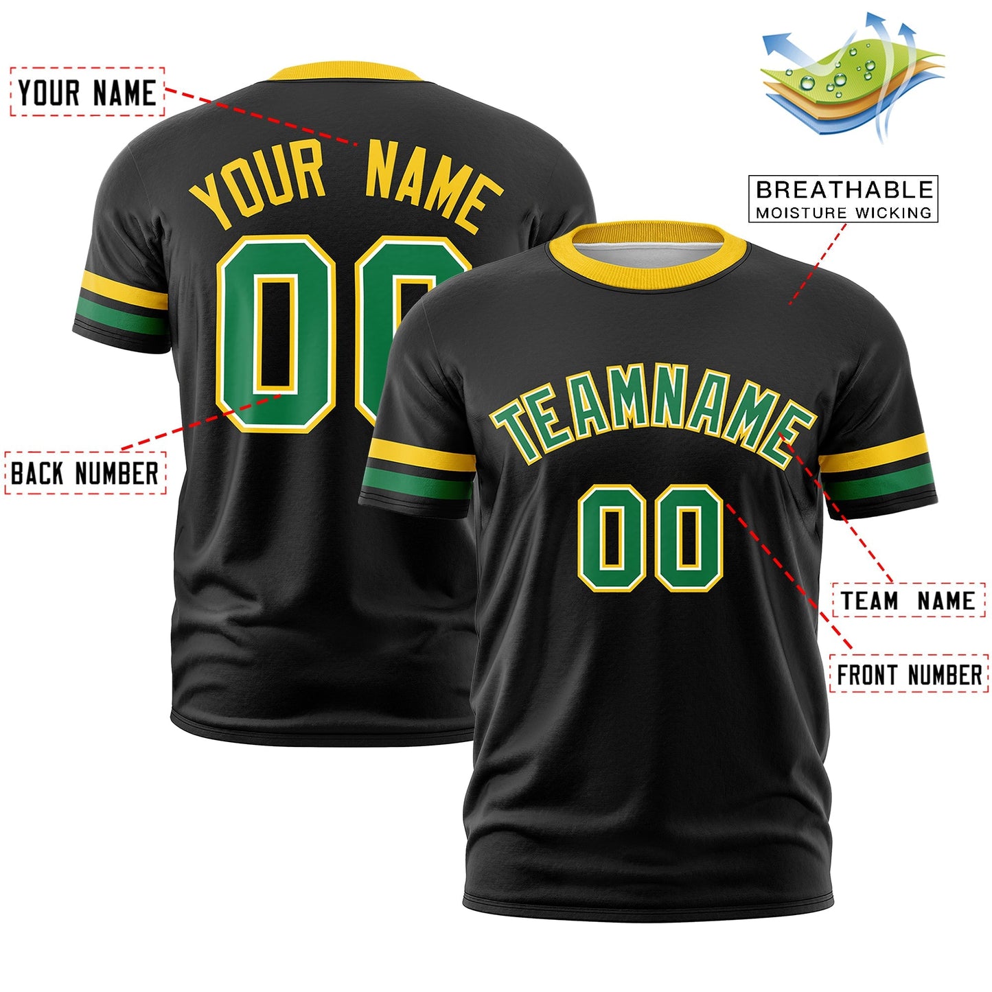 Custom Black Kelly Green T-shirt Classic Style Stripe Fashion Sports Shirt for Youth & Adults