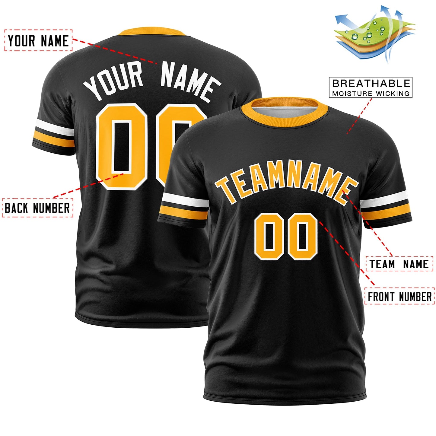 Custom Black Yellow T-shirt Classic Style Stripe Fashion Sports Shirt for Youth & Adults
