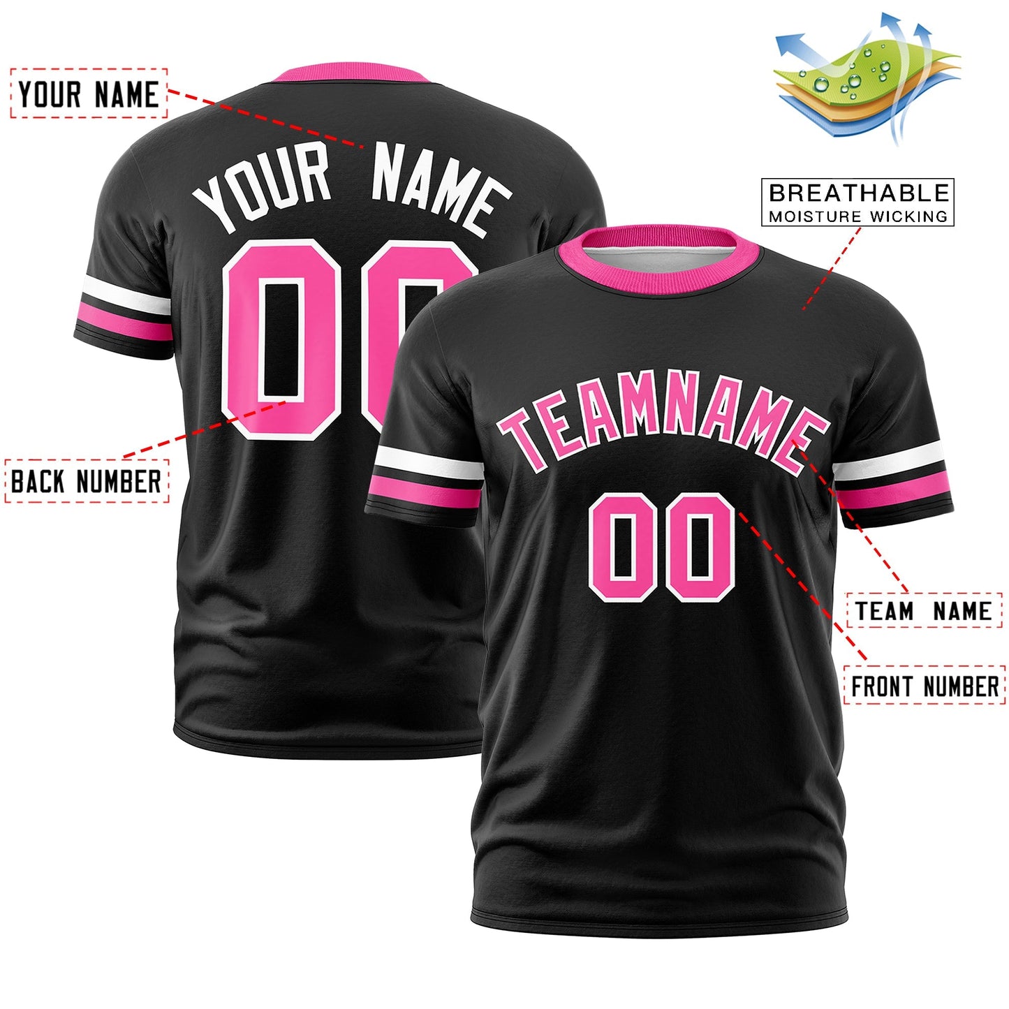 Custom Black Pink T-shirt Classic Style Stripe Fashion Sports Shirt for Youth & Adults