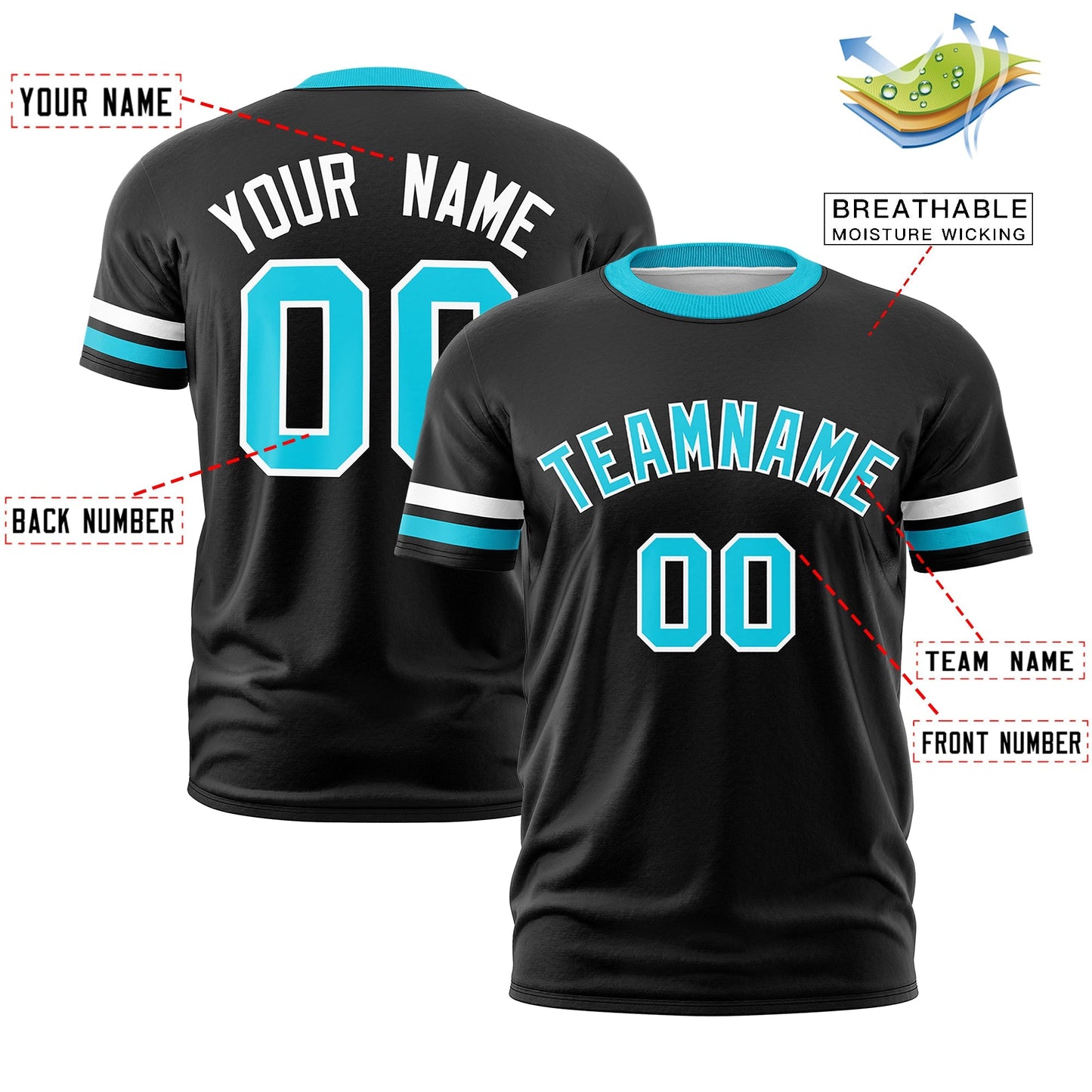 Custom Black Sky Blue T-shirt Classic Style Stripe Fashion Sports Shirt for Youth & Adults