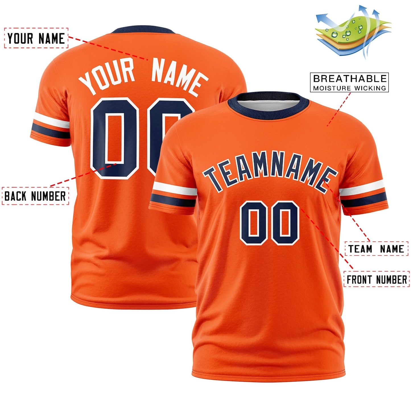 Custom Orange Navy T-shirt Classic Style Stripe Fashion Sports Shirt for Youth & Adults