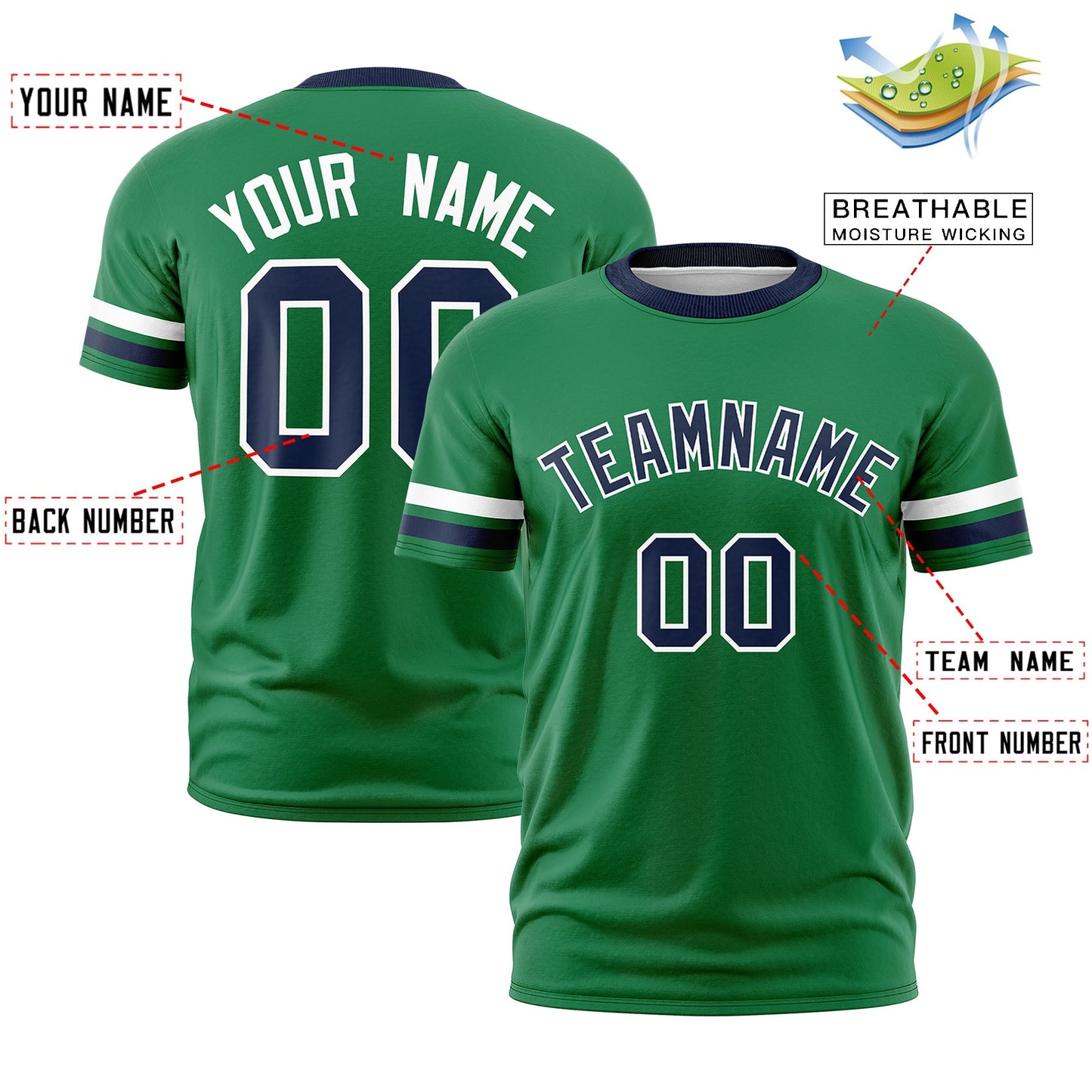 Custom Kelly Green Navy T-shirt Classic Style Stripe Fashion Sports Shirt for Youth & Adults