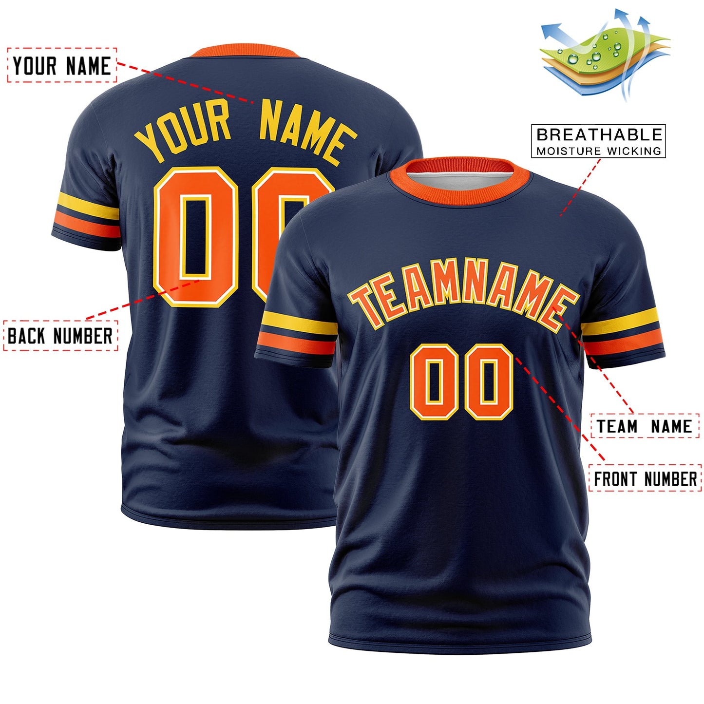 Custom Navy Orange T-shirt Classic Style Stripe Fashion Sports Shirt for Youth & Adults
