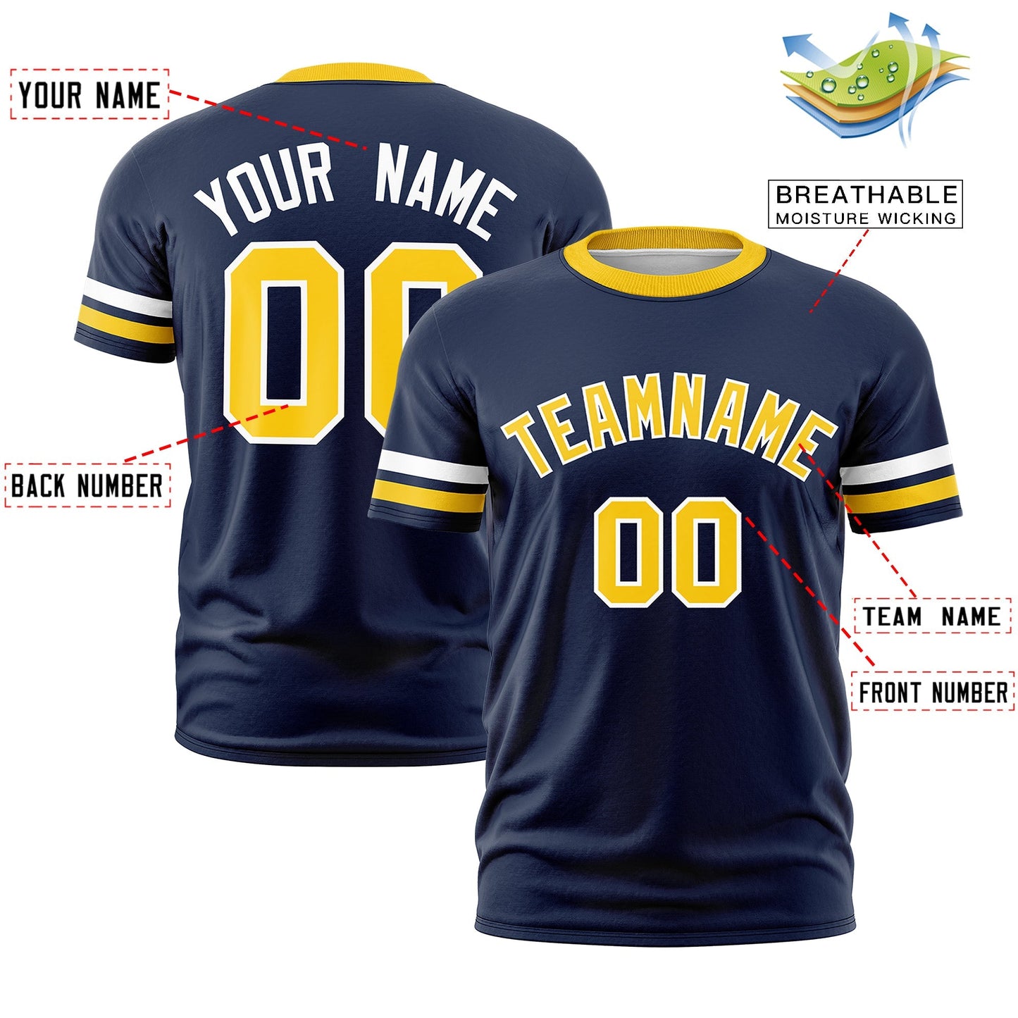 Custom Navy Gold T-shirt Classic Style Stripe Fashion Sports Shirt for Youth & Adults