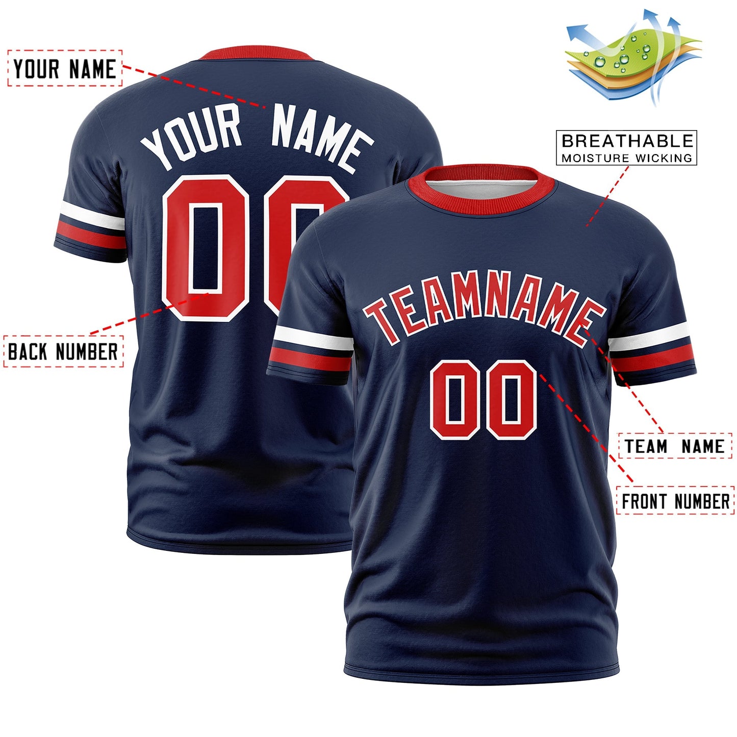 Custom Navy Red T-shirt Classic Style Stripe Fashion Sports Shirt for Youth & Adults