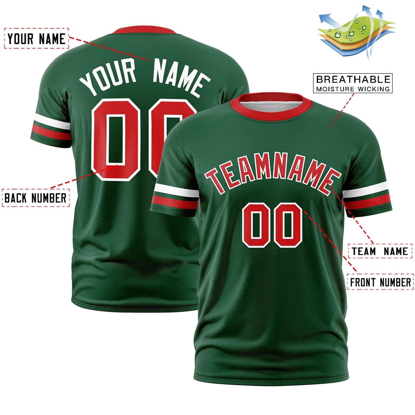 Custom Green Red T-shirt Classic Style Stripe Fashion Sports Shirt for Youth & Adults