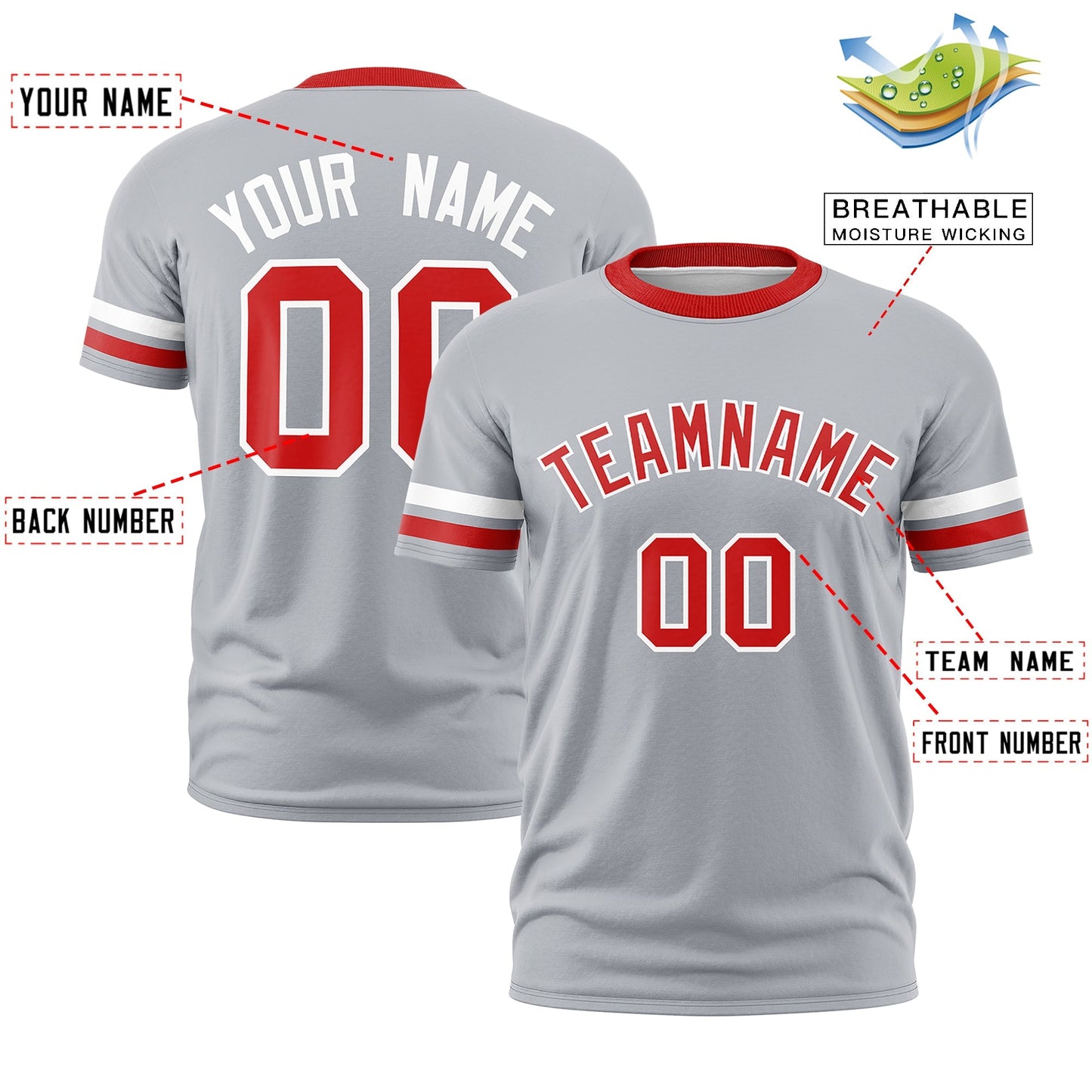 Custom Gray Red T-shirt Classic Style Stripe Fashion Sports Shirt for Youth & Adults