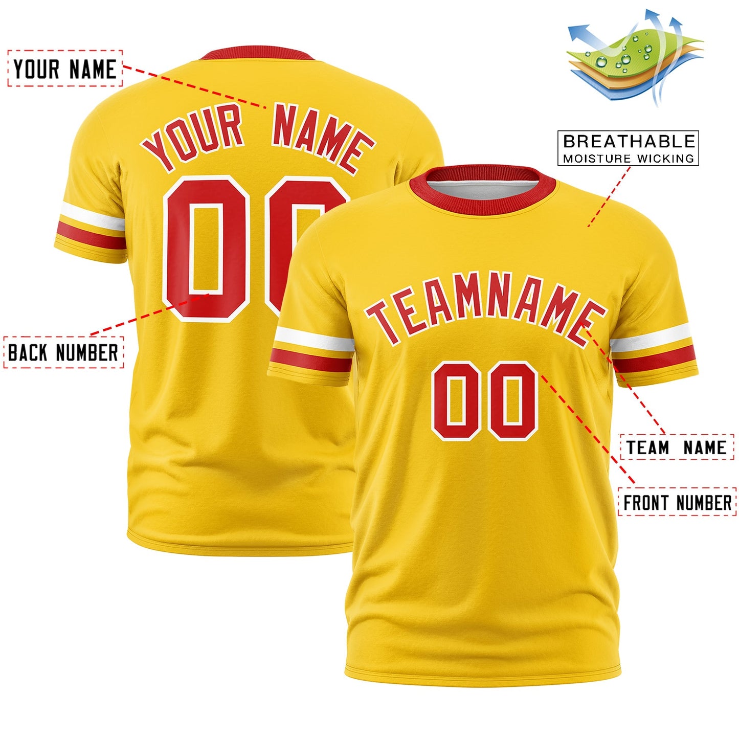 Custom Gold Red T-shirt Classic Style Stripe Fashion Sports Shirt for Youth & Adults
