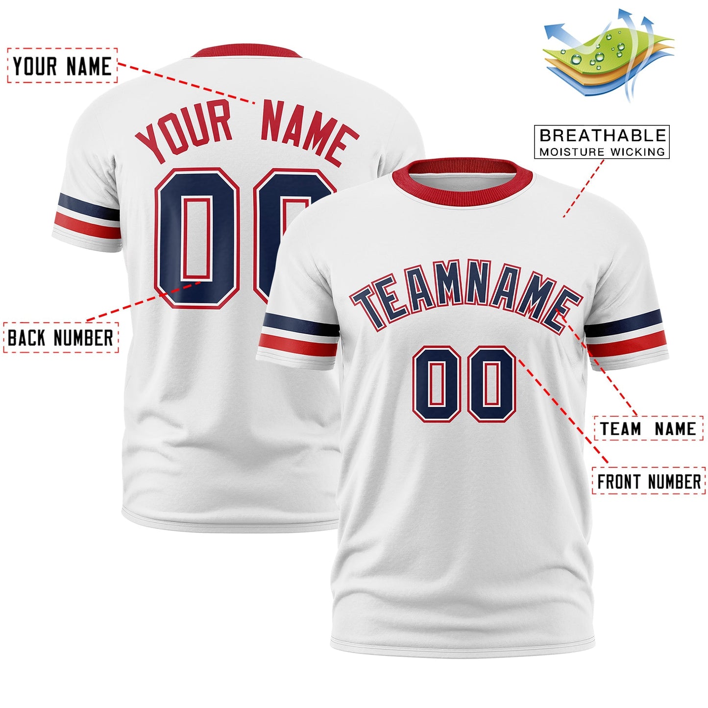 Custom White Red T-shirt Classic Style Stripe Fashion Sports Shirt for Youth & Adults