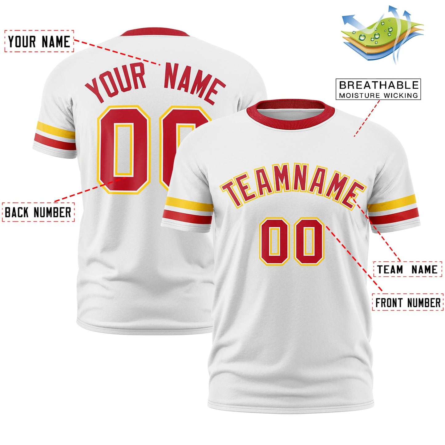 Custom White Red T-shirt Classic Style Stripe Fashion Sports Shirt for Youth & Adults