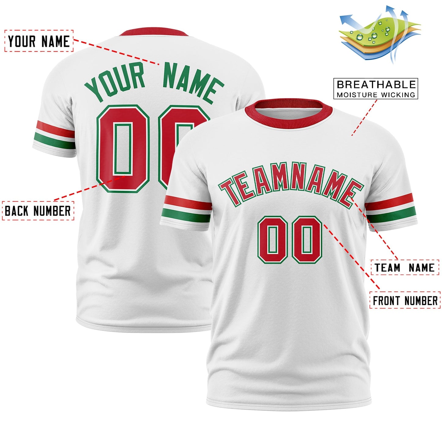 Custom White Kelly Green T-shirt Classic Style Stripe Fashion Sports Shirt for Youth & Adults