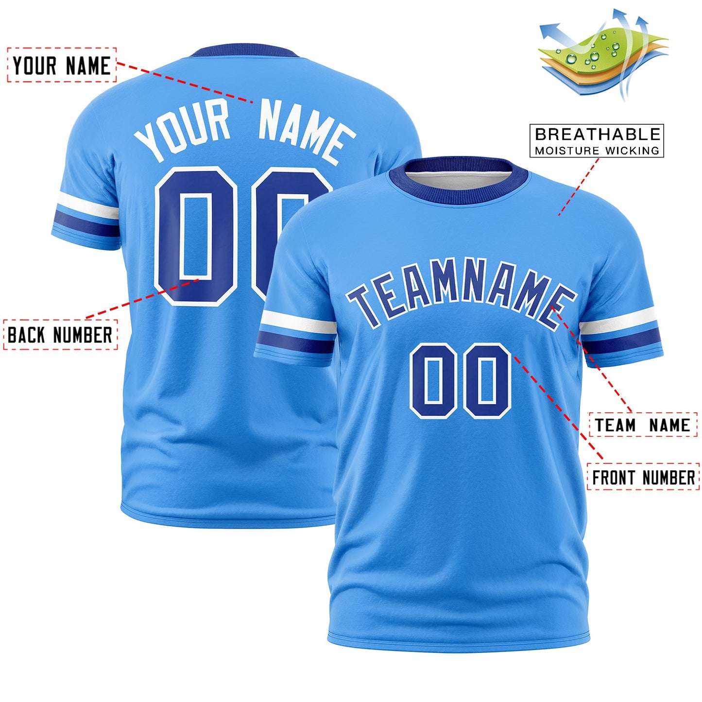 Custom Powder Blue Royal Blue T-shirt Classic Style Stripe Fashion Sports Shirt for Youth & Adults