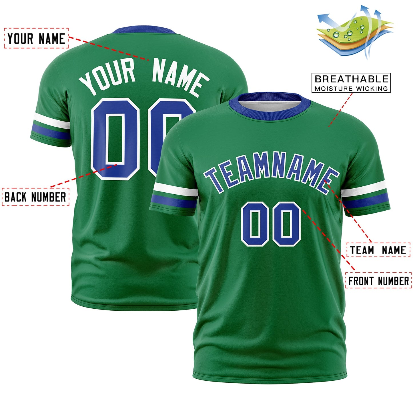 Custom Kelly Green Royal Blue T-shirt Classic Style Stripe Fashion Sports Shirt for Youth & Adults