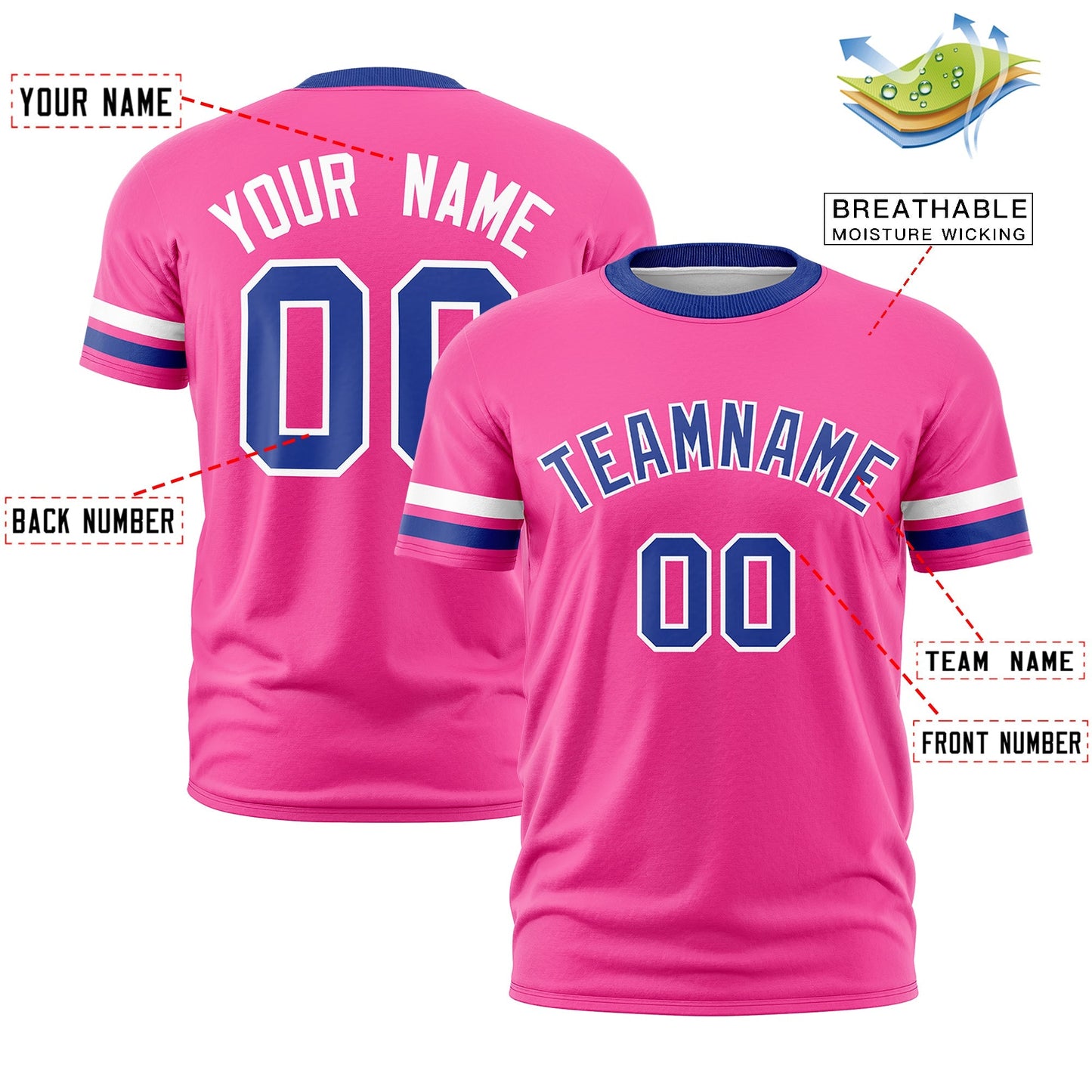 Custom Pink Royal Blue T-shirt Classic Style Stripe Fashion Sports Shirt for Youth & Adults