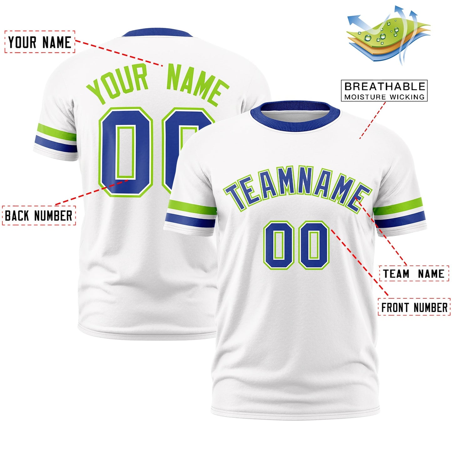 Custom White Royal Blue T-shirt Classic Style Stripe Fashion Sports Shirt for Youth & Adults