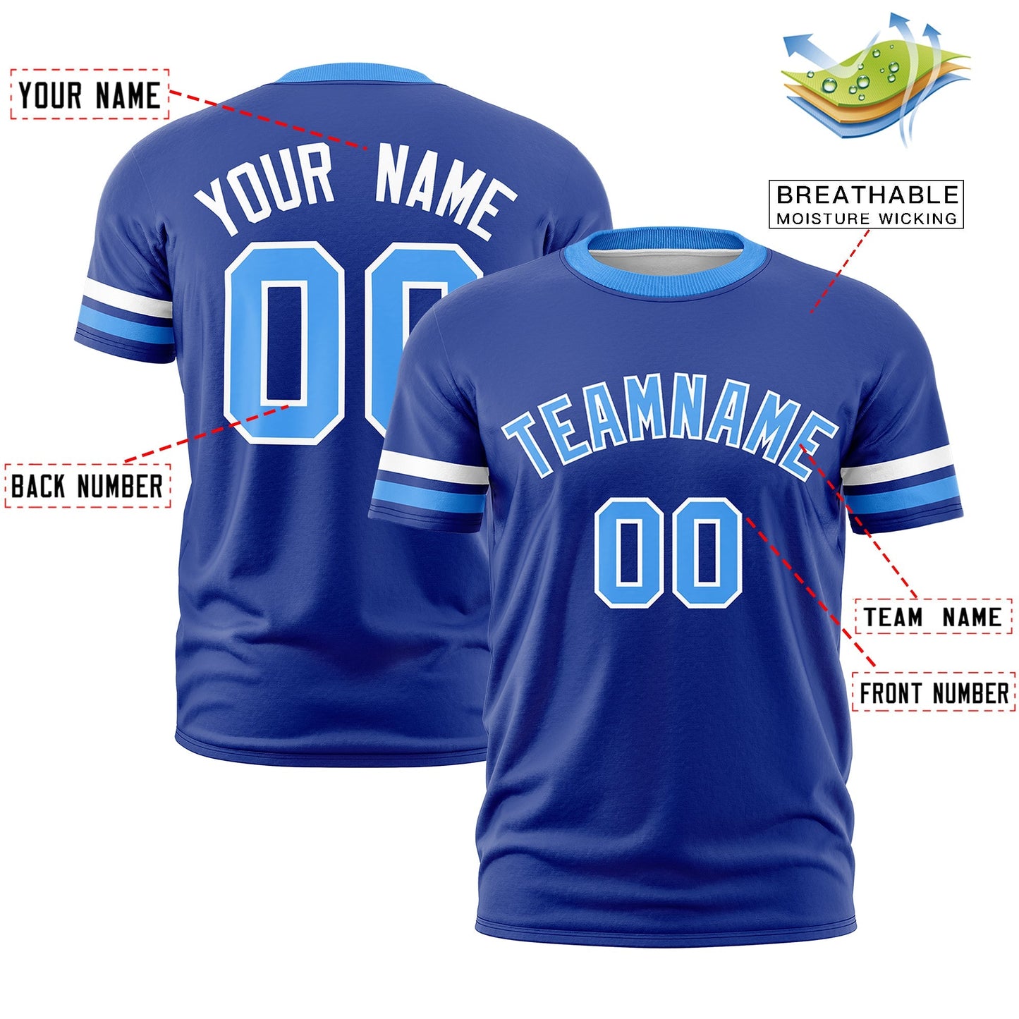 Custom Royal Blue Powder Blue T-shirt Classic Style Stripe Fashion Sports Shirt for Youth & Adults