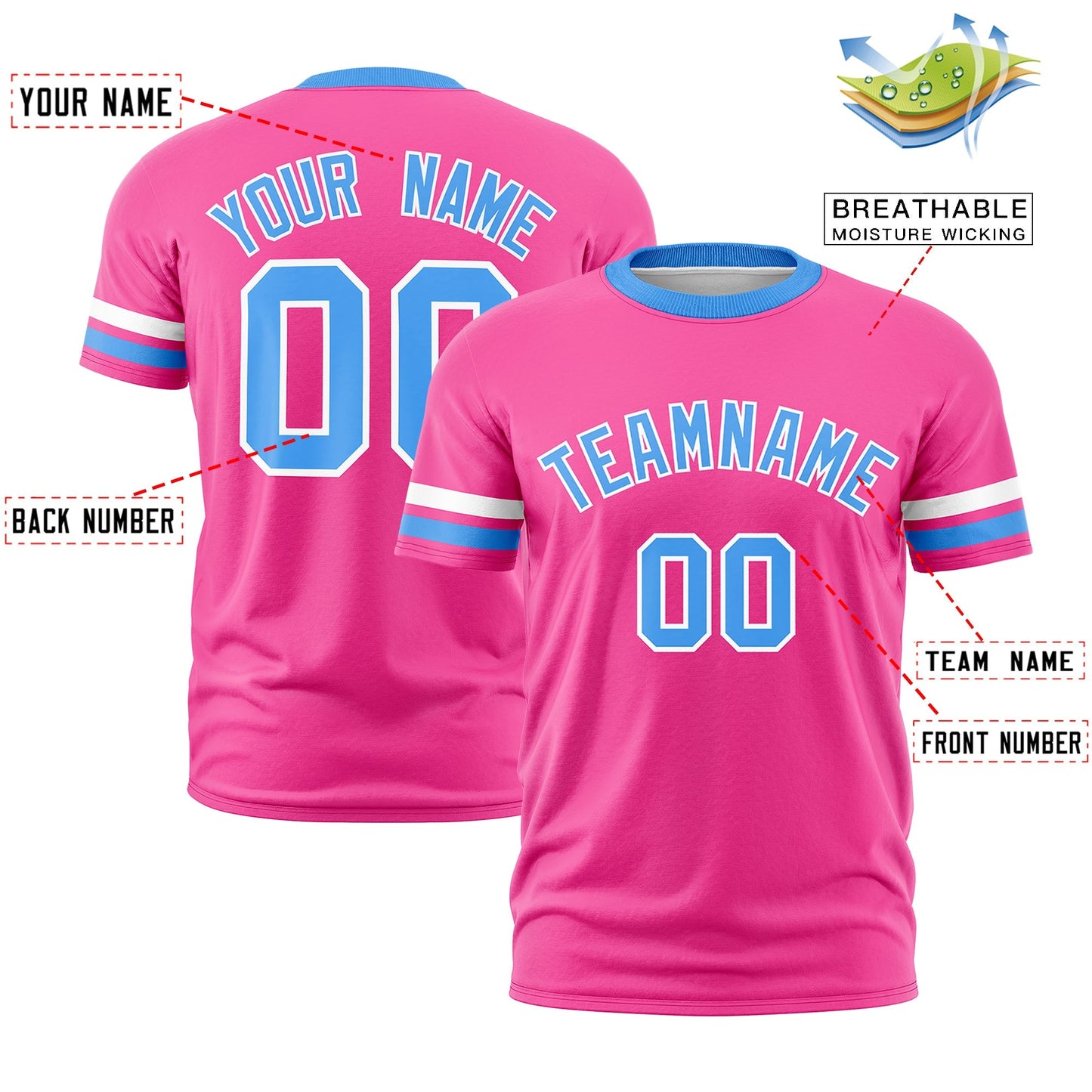 Custom Pink Powder Blue T-shirt Classic Style Stripe Fashion Sports Shirt for Youth & Adults