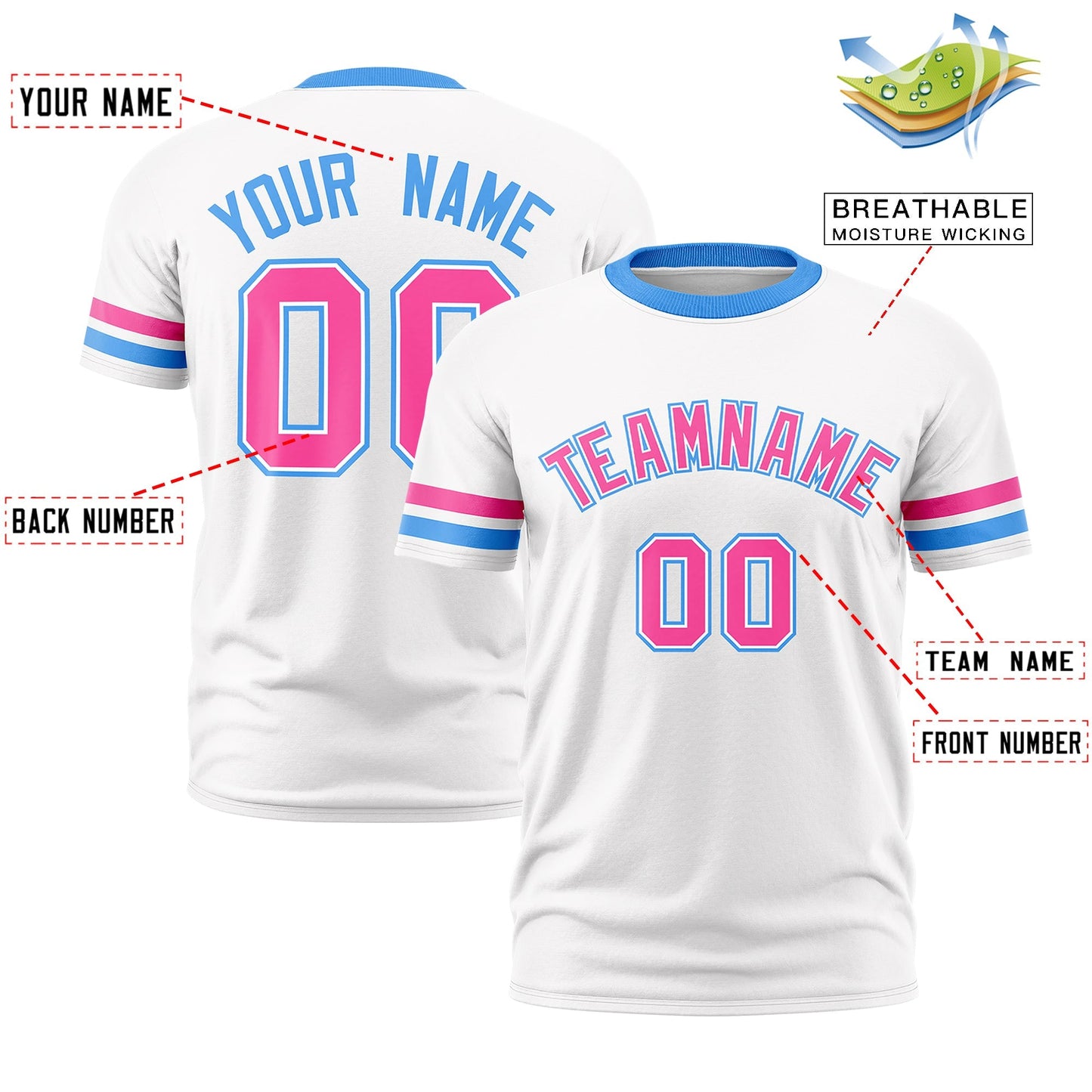 Custom White Powder Blue T-shirt Classic Style Stripe Fashion Sports Shirt for Youth & Adults