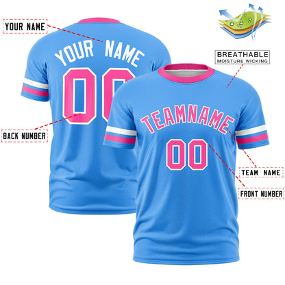 Custom Powder Blue Pink T-shirt Classic Style Stripe Fashion Sports Shirt for Youth & Adults