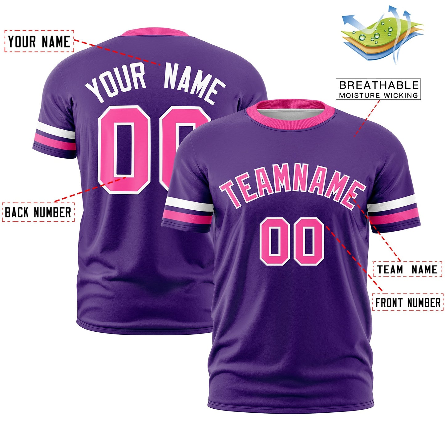Custom Purple Pink T-shirt Classic Style Stripe Fashion Sports Shirt for Youth & Adults