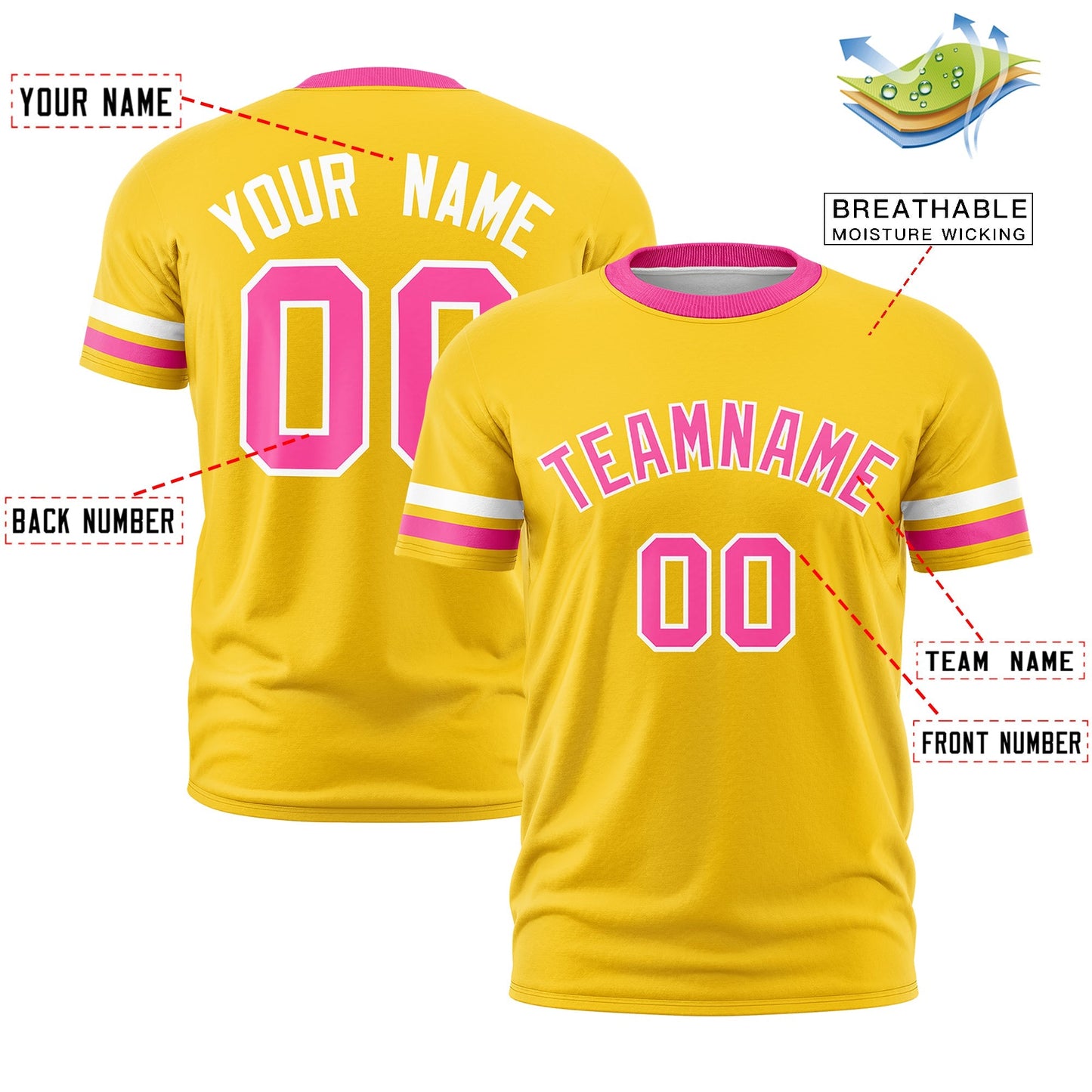 Custom Gold Pink T-shirt Classic Style Stripe Fashion Sports Shirt for Youth & Adults