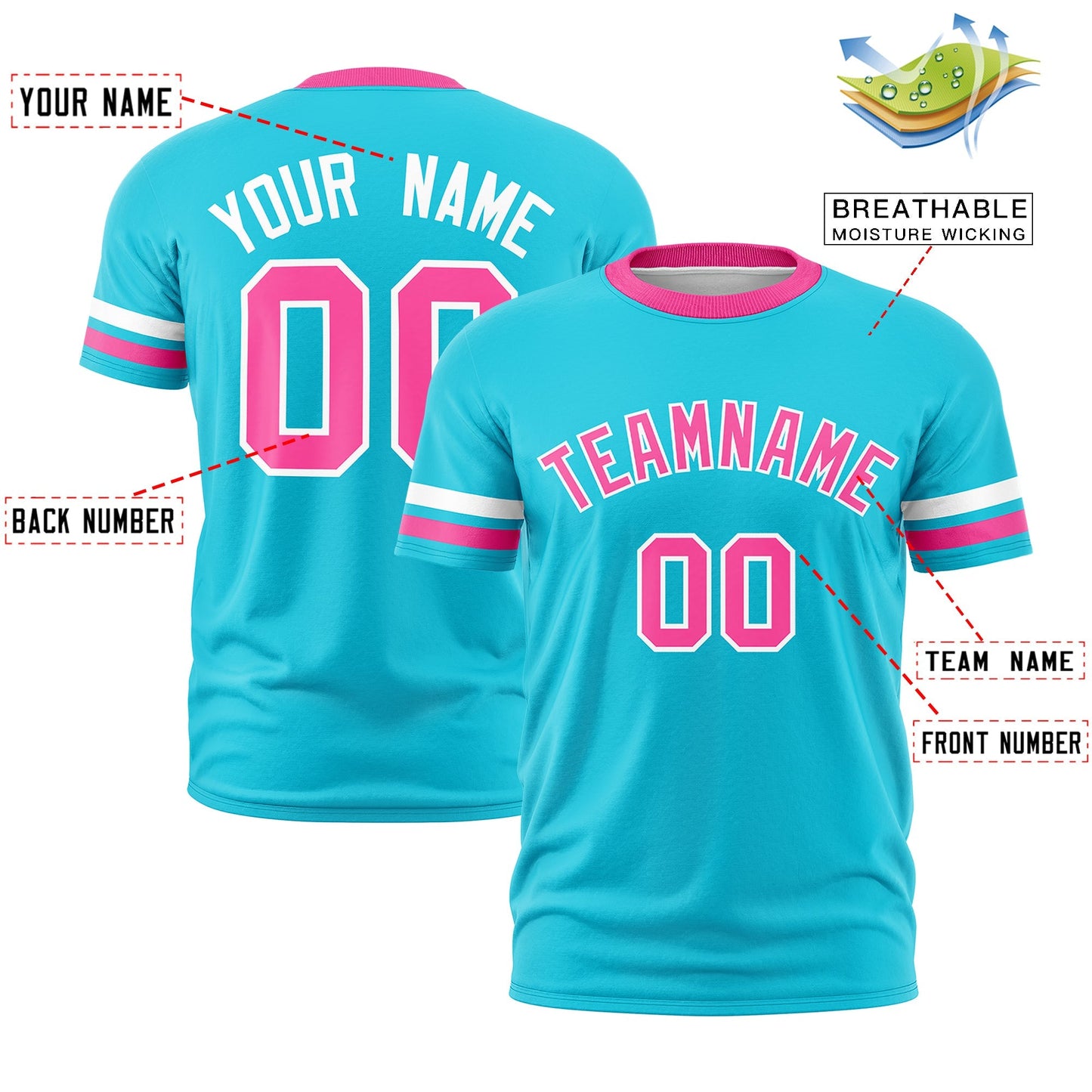 Custom Sky Blue Pink T-shirt Classic Style Stripe Fashion Sports Shirt for Youth & Adults