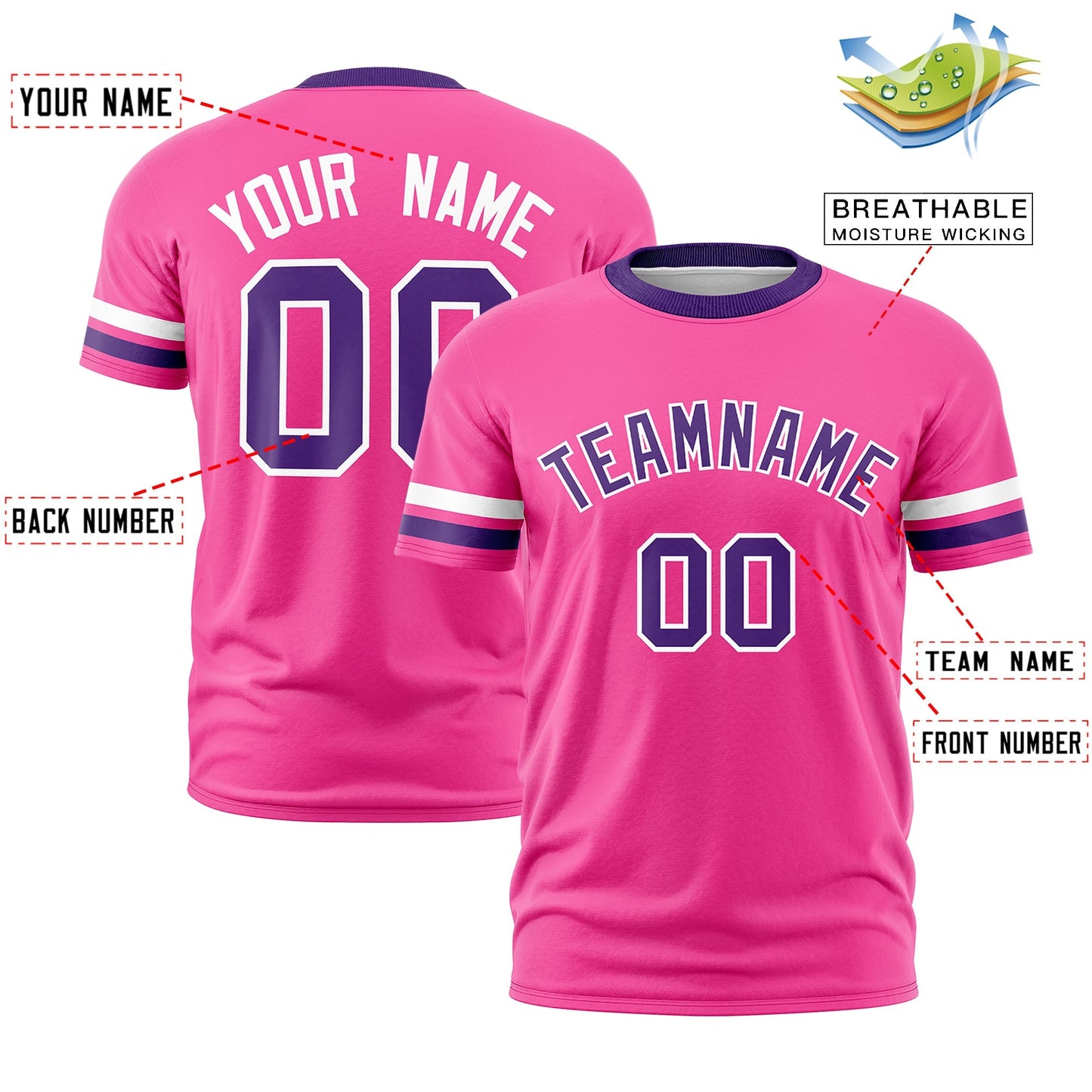 Custom Pink Purple T-shirt Classic Style Stripe Fashion Sports Shirt for Youth & Adults