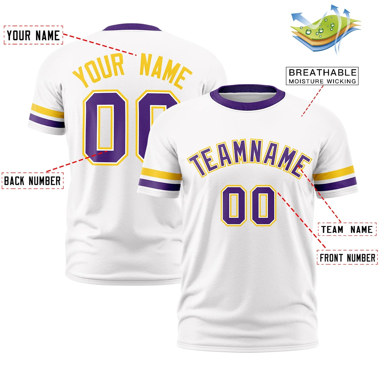 Custom White Purple T-shirt Classic Style Stripe Fashion Sports Shirt for Youth & Adults