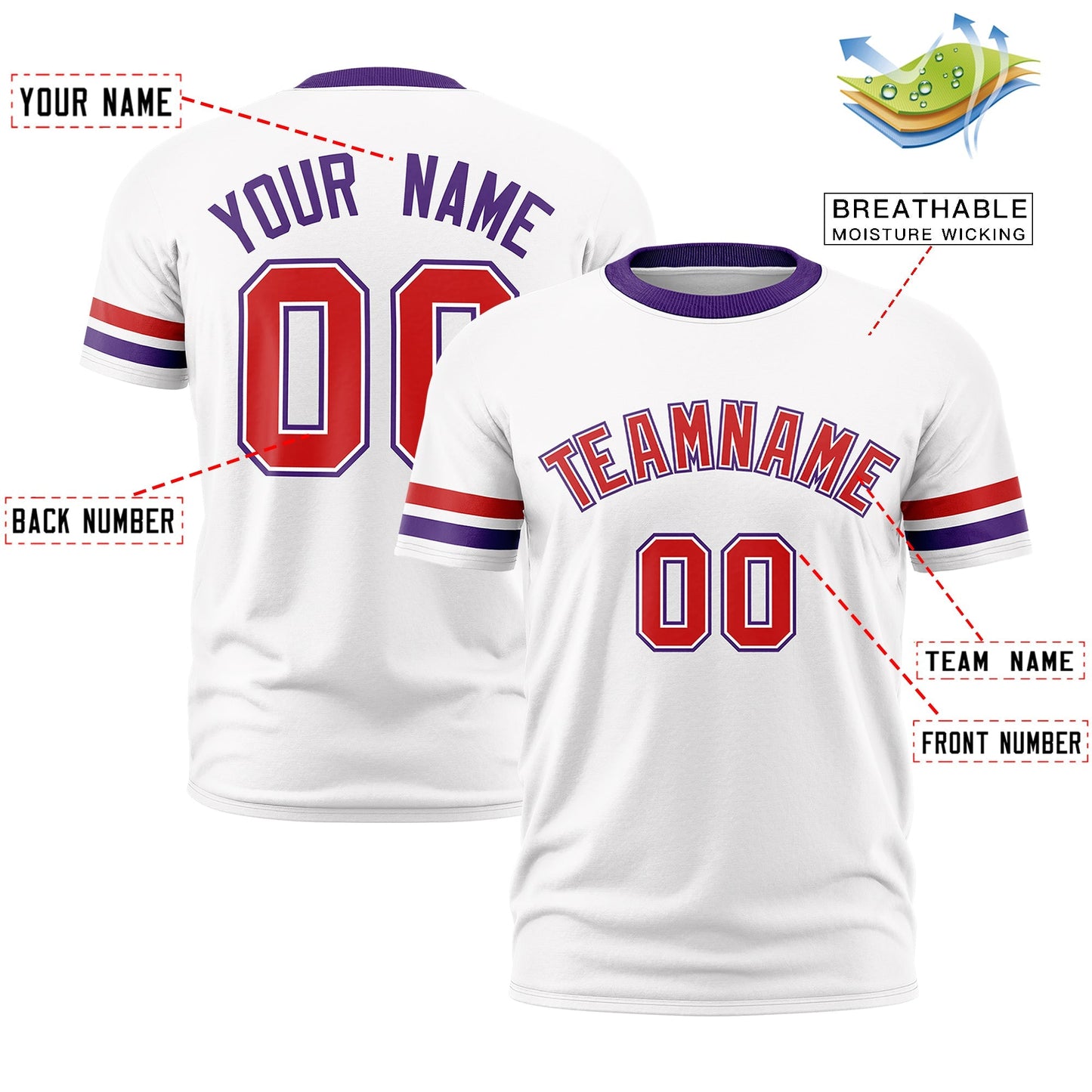 Custom White Purple T-shirt Classic Style Stripe Fashion Sports Shirt for Youth & Adults