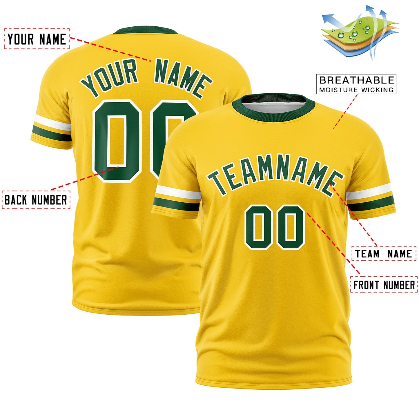 Custom Gold Green T-shirt Classic Style Stripe Fashion Sports Shirt for Youth & Adults