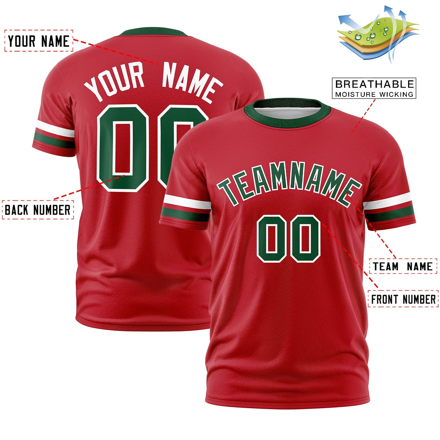 Custom Red Green T-shirt Classic Style Stripe Fashion Sports Shirt for Youth & Adults