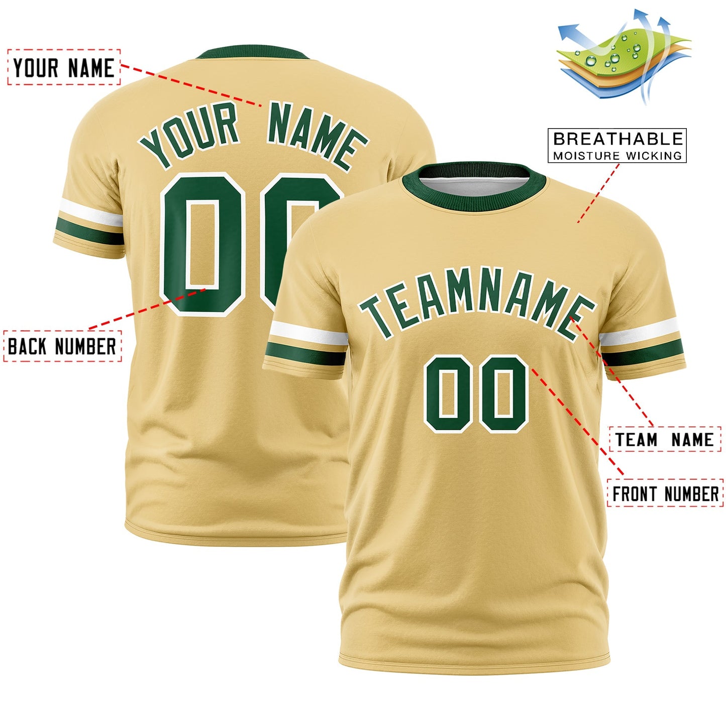 Custom Khaki Green T-shirt Classic Style Stripe Fashion Sports Shirt for Youth & Adults