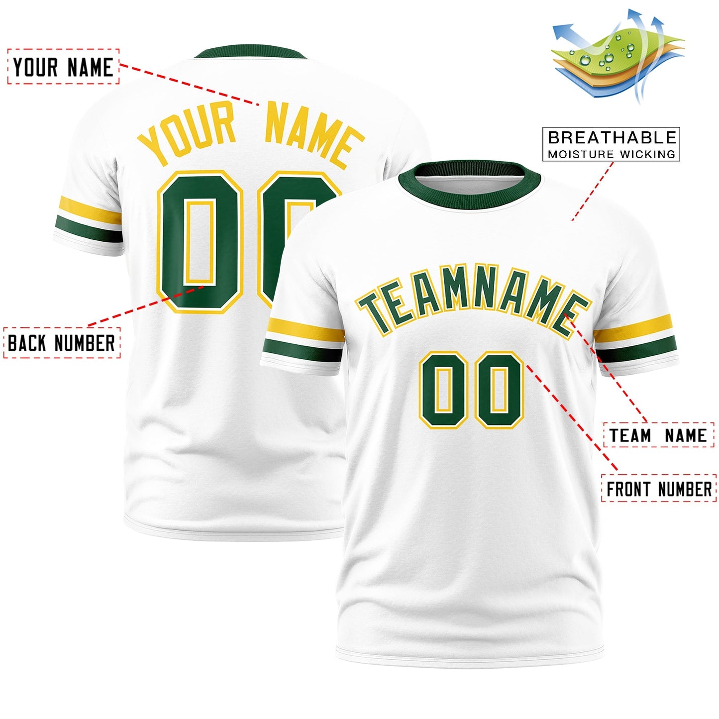 Custom White Green T-shirt Classic Style Stripe Fashion Sports Shirt for Youth & Adults