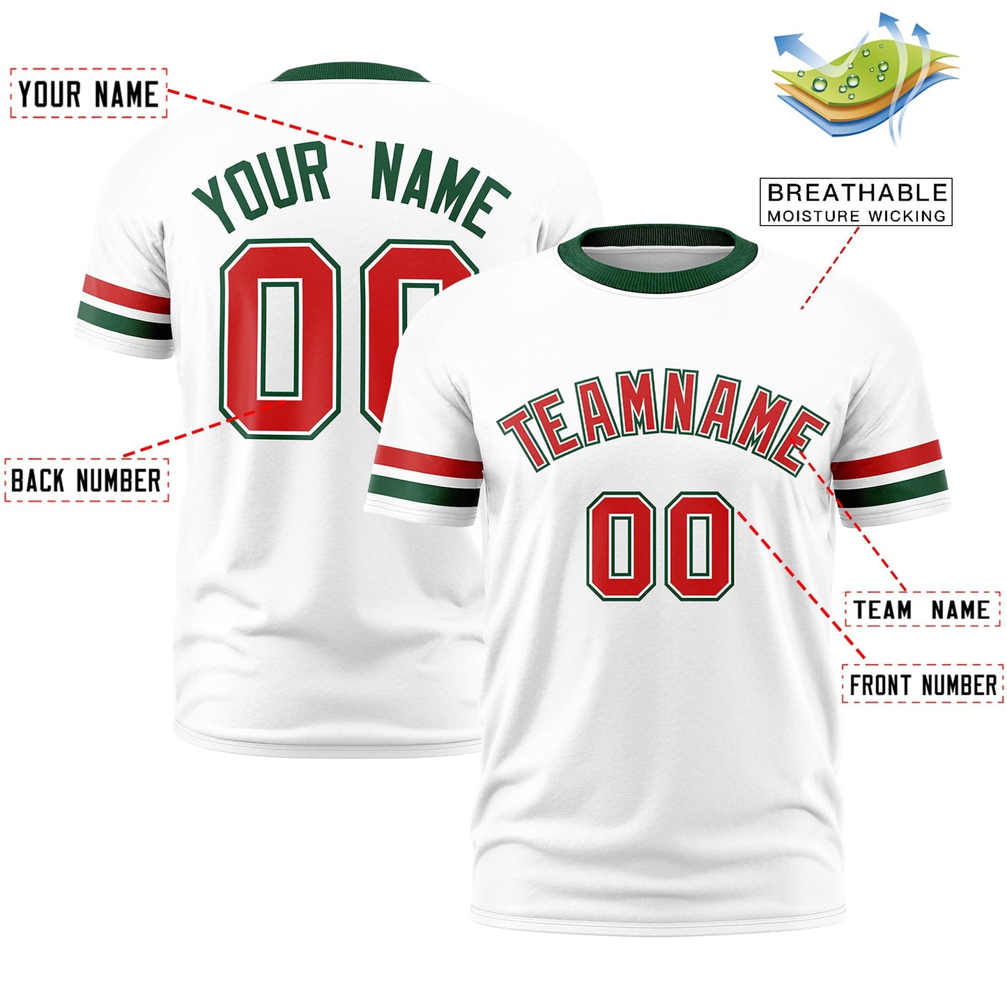 Custom White Green T-shirt Classic Style Stripe Fashion Sports Shirt for Youth & Adults