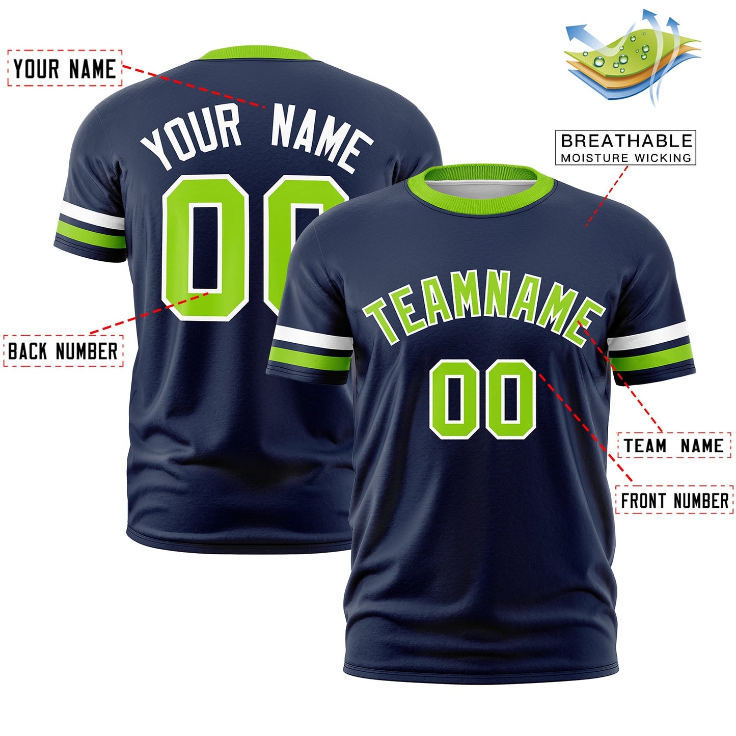 Custom Navy Neon Green T-shirt Classic Style Stripe Fashion Sports Shirt for Youth & Adults
