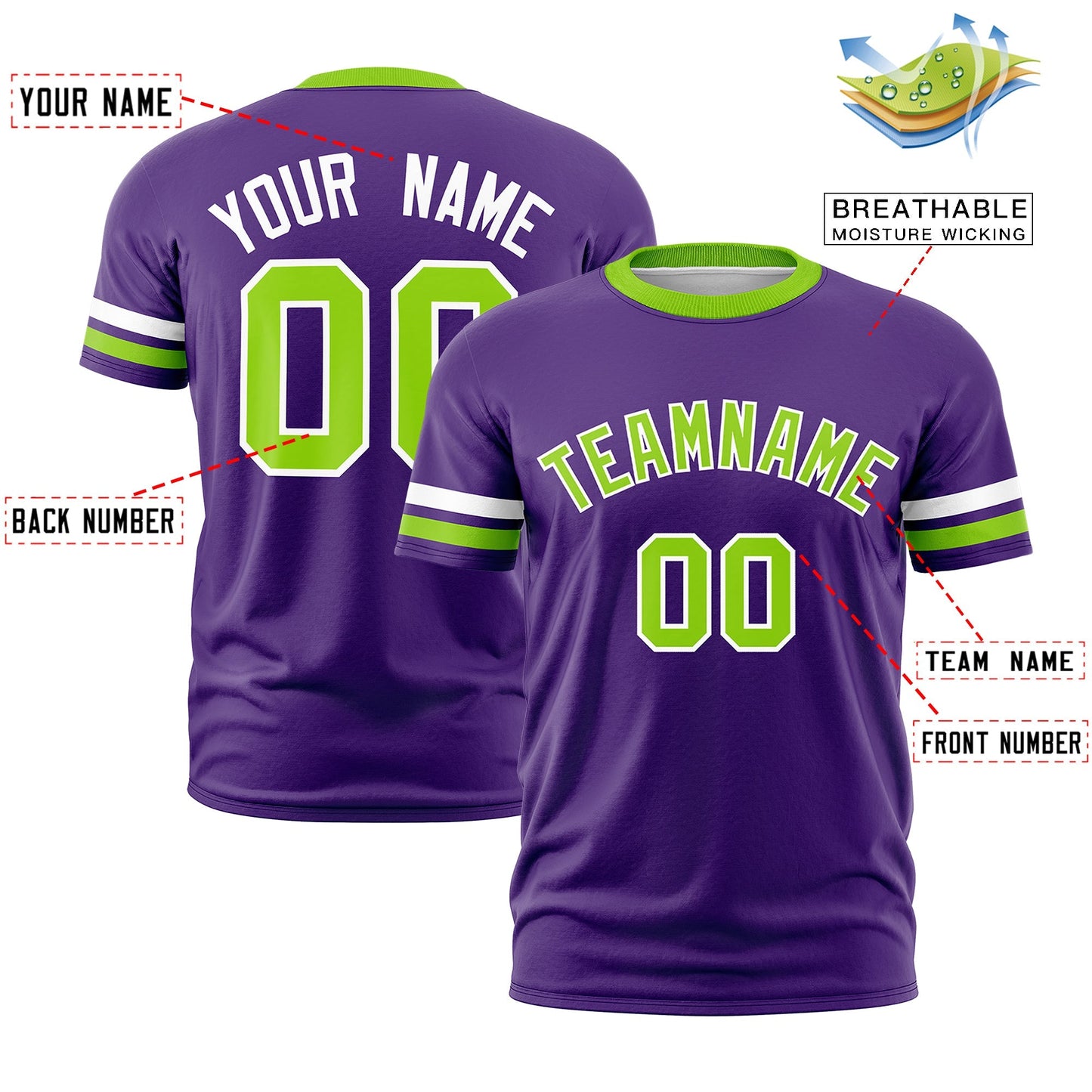 Custom Purple Neon Green T-shirt Classic Style Stripe Fashion Sports Shirt for Youth & Adults