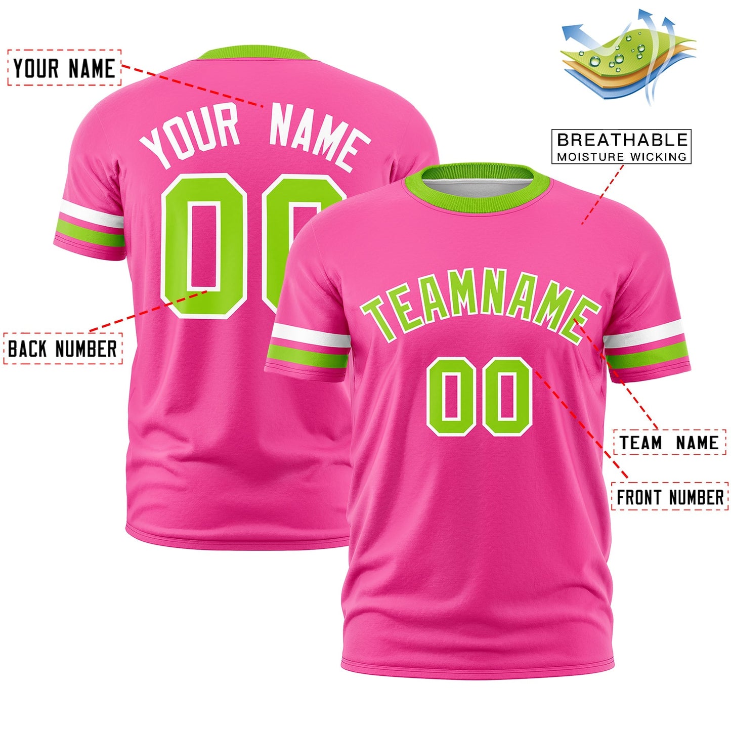 Custom Pink Neon Green T-shirt Classic Style Stripe Fashion Sports Shirt for Youth & Adults