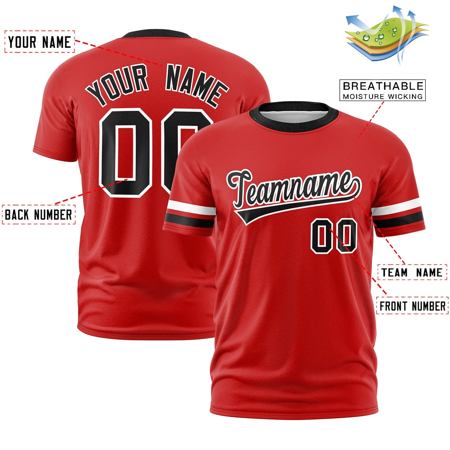 Custom Red Black T-shirt Classic Style Stripe Fashion Sports Shirt for Youth & Adults